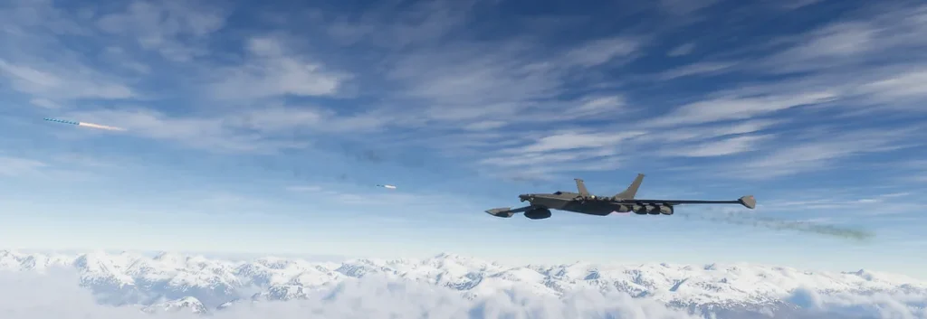 A combat scene over the North Atlantic: an F/A-111X Megalodon launches a mass salvo of AIM-54 Phoenix missiles against a formation of Soviet Tu-22M bombers and their fighter escorts