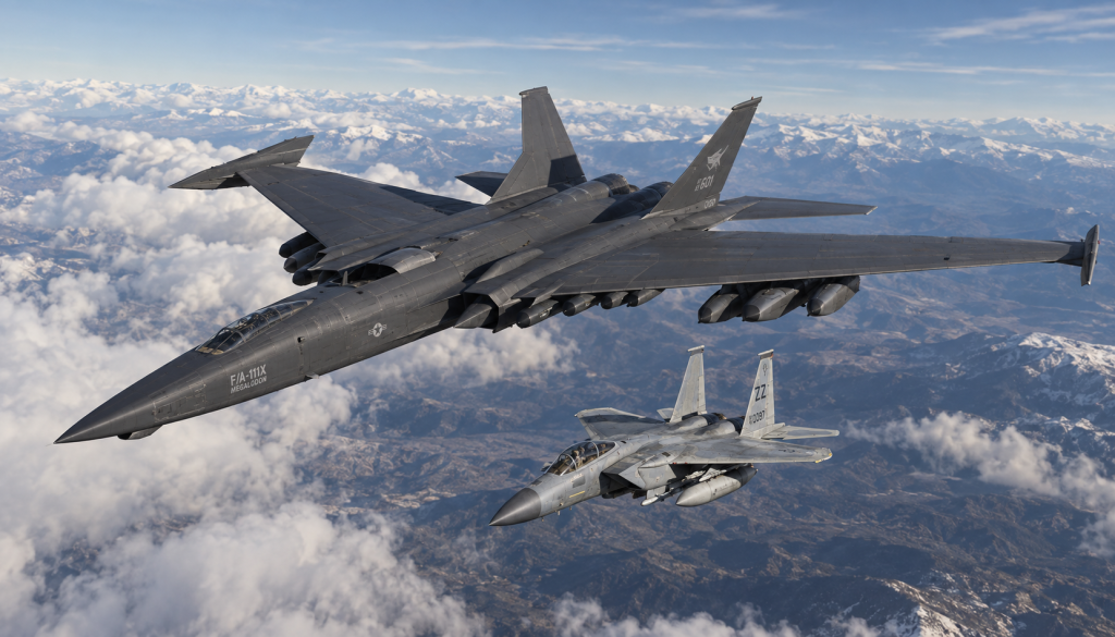 An F/A-111X Megalodon flying alongside an F-15C Eagle