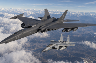 An F/A-111X Megalodon flying alongside an F-15C Eagle