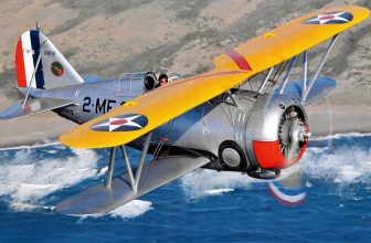 "The Flying Barrel." A restored Grumman F3F-2 biplane deck-based fighter