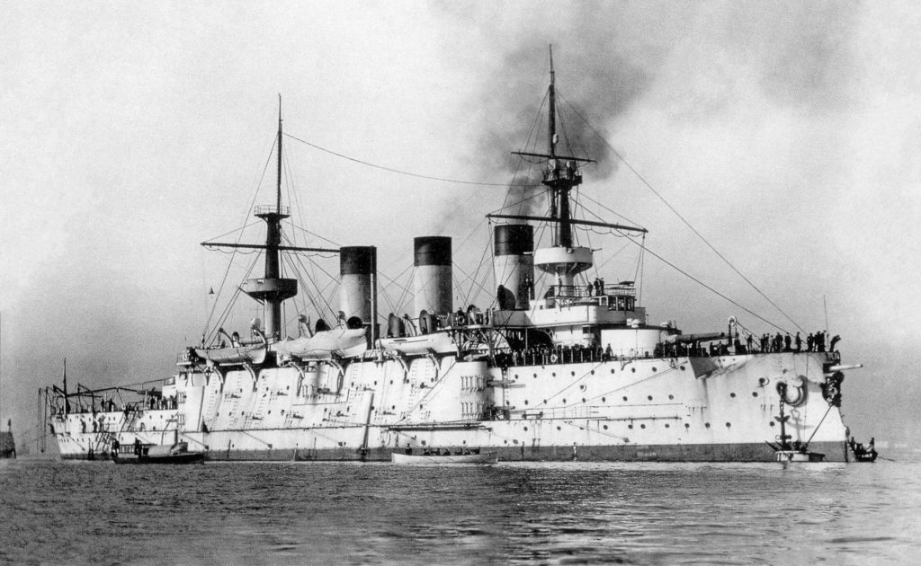 The battleship Peresvet in a historical photograph